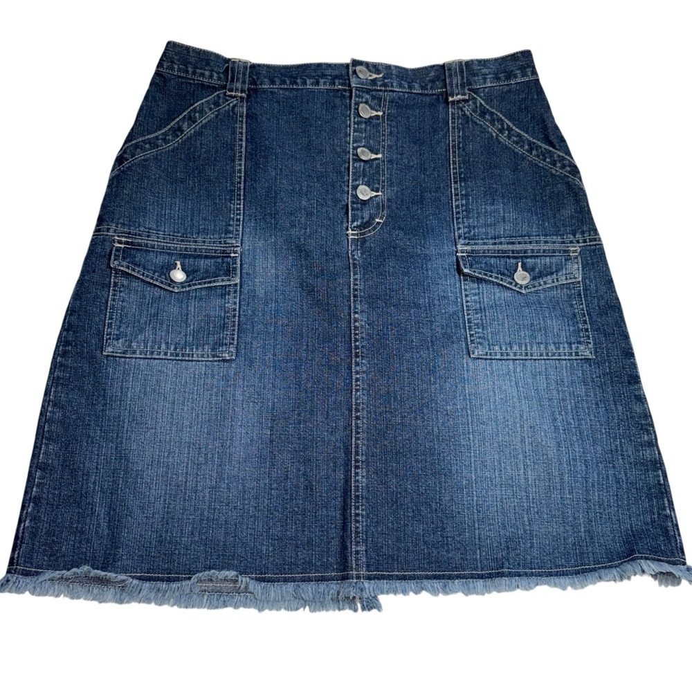 Y2K Gloria Vanderbilt Denim Skirt Size 12 Blue Button Front Raw Hem VTG - Picture 2 of 7